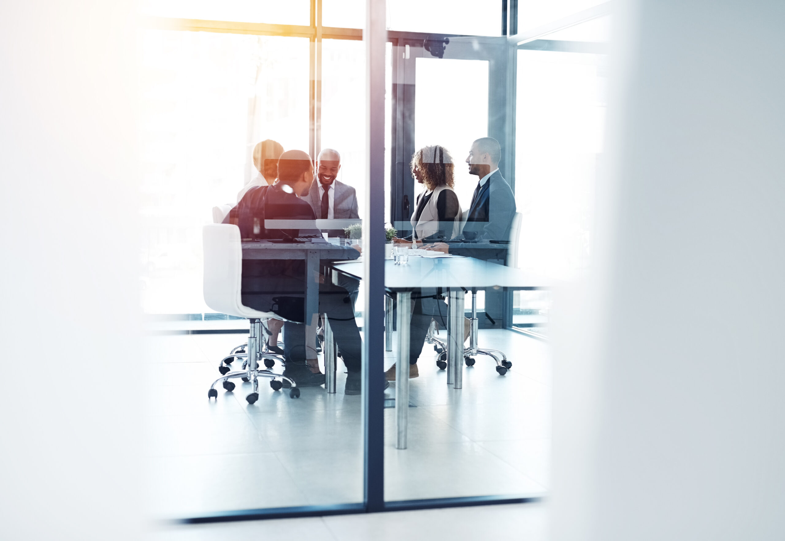 Project management, planning and meeting with business people in office for teamwork, review and brainstorming. Corporate, collaboration and strategy with group of employees in boardroom for idea.